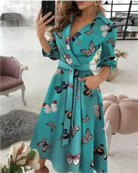 Women Fashion Floral Print Long Sleeve V-neck Casual Sundress Dress L S4207688