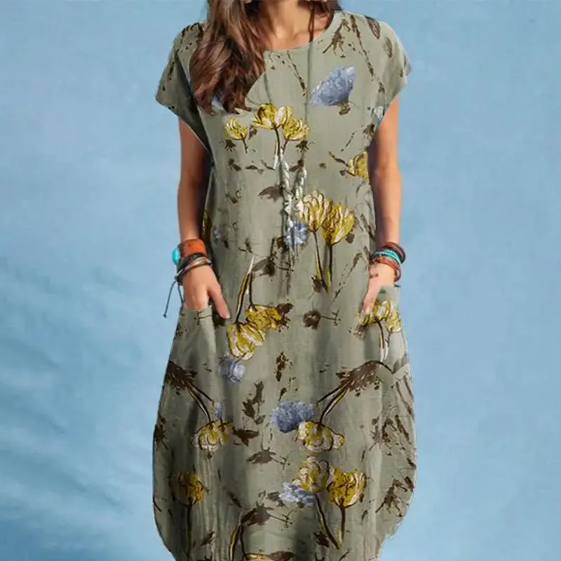 ZANZEA Women Summer Dress Bohemian Floral Print Vestido O-Neck Short Sleeve Pockets Sundress Fashion Casual Elegant Holiday Robe